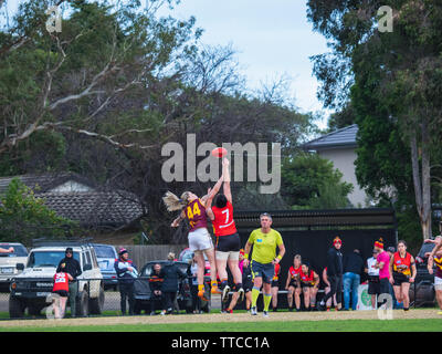 Hallam, VIC, Australia. Il 15 giugno 2019. Lyndale Puma n. 10 e Hallam falchi n. 7 contesta la Ruck durante la cerimonia inaugurale Paul Thomas Cup. Foto Stock