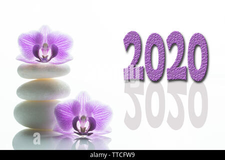 Anno nuovo concetto. 2020 anno numero di viola con il bianco roundstones e due fiori di orchidea Foto Stock