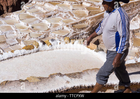 Un uomo che cammina lungo la via del sale stagni a Salineras de Maras, Perù. Foto Stock