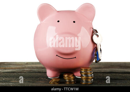 Salvadanaio di stile casella di denaro sul tavolo di legno Foto Stock