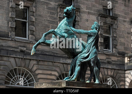 La statua di Alessandro il Grande e il suo cavallo Bucephalus nel cortile del Edinburgh City Camere nel centro storico di Edimburgo. Foto Stock