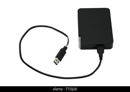 Disco rigido portatile per il backup di file vari isolato su un fondo bianco Foto Stock