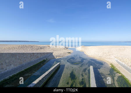 Scarico fognario nel fiume di raggiungere e inquinare il mare Mediterraneo al di fuori di Palma de Mallorca, Spagna. Foto Stock