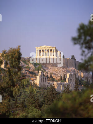 L'Acropoli di Atene da Mousion Hill, Atene (Athina), il centro di Atene, Grecia Foto Stock