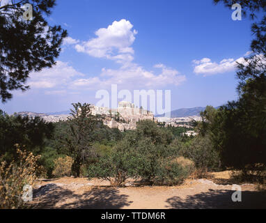 L'Acropoli di Atene da Mousion Hill, Atene (Athina), il centro di Atene, Grecia Foto Stock