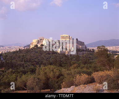 L'Acropoli di Atene da Mousion Hill, Atene (Athina), il centro di Atene, Grecia Foto Stock