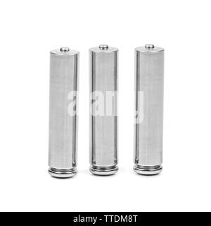 Tre batterie AAA isolato su sfondo bianco con tracciato di ritaglio Foto Stock