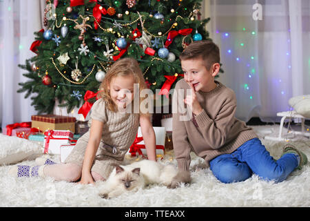 I bambini e il sonno gatto in decorata sala di Natale Foto Stock