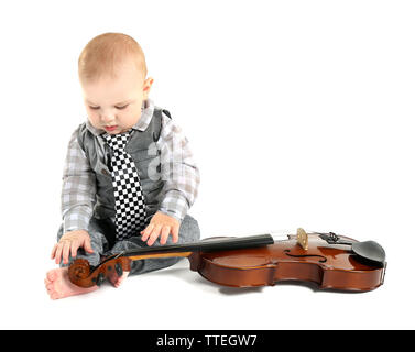 Carino baby con violino isolati su sfondo bianco Foto Stock