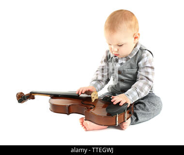 Carino baby con violino isolati su sfondo bianco Foto Stock