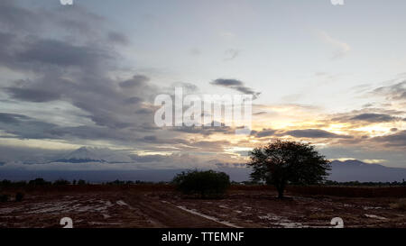 Il paesaggio del deserto di Atacama allagata dopo una violenta tempesta, sullo sfondo il vulcano Licancabur e altri vulcani andini Foto Stock