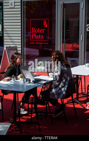 Impressioni della famosa piazza Rossa nella città di San Gallo, Svizzera Foto Stock