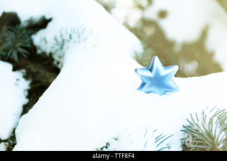 Natale stella blu su un abete innevato ramo di albero Foto Stock