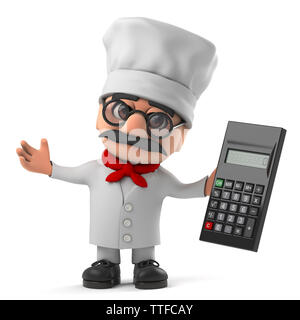 3D render di un simpatico cartoon Italian pizza chef carattere tenendo una calcolatrice Foto Stock