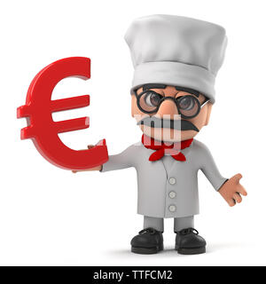 3D render di un simpatico cartoon Italian pizza chef carattere tenendo un simbolo valuta Euro. Foto Stock