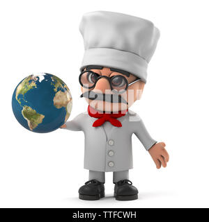 3D render di un cartoon Italian pizza chef carattere tenendo un globo terrestre. Foto Stock