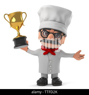 3D render di un cartoon Italian pizza chef carattere tenendo un Gold Cup Trofeo award in trionfo. Foto Stock