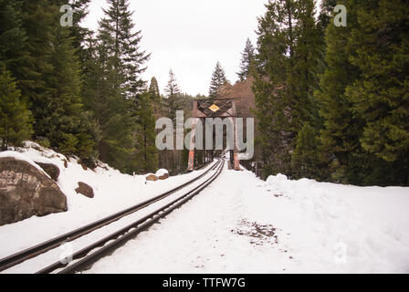 I binari della ferrovia in un bosco innevato paesaggio con un vecchio ponte metallico. Foto Stock