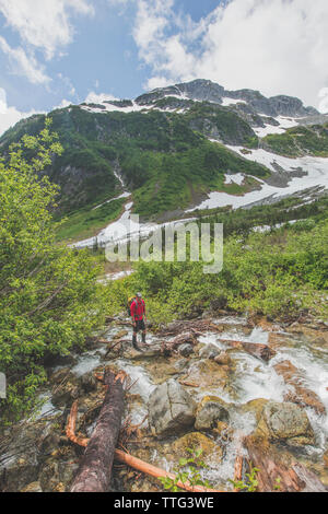 Escursionista Varcando il fiume in rotta verso il picco di cipressi, B.C. Foto Stock