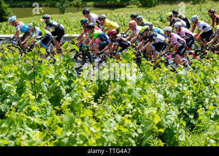 Una corsa in bicicletta nei vigneti di Brouilly e Mont Brouilly, due annate Beaujolais. Una due giorni di gara che attraversa il Beaujolais regione del vino Foto Stock