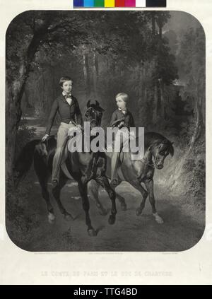 Louis Philippe d'Orleans, Comte de Paris e Robert d'Orleans, Duc de Chartres, immagine equestre. litografia da Alphonse Leon Noël basato su un dipinto di Alfred Dedreux, Additional-Rights-Clearance-Info-Not-Available Foto Stock