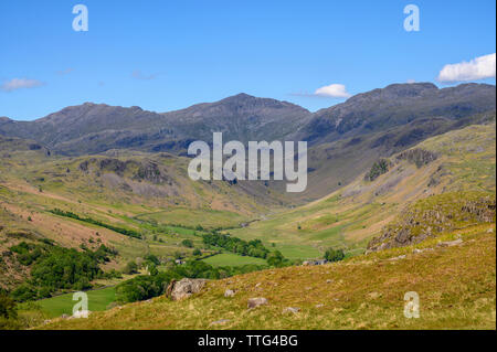 Eskdale, guardando verso Hardknott Pass e Brotherikeld, Lake District, Cumbria, Inghilterra Foto Stock