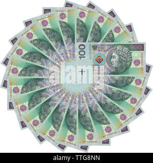 Polish zlotys - bellissimo ornamento geometrico, texture, pattern da valuta polacca, 100 PLN bollette (banconote valore facciale PLN 100) - fiore dal denaro Foto Stock