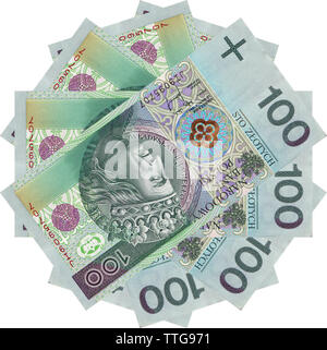 Polish zlotys - bellissimo ornamento geometrico, texture, pattern da valuta polacca, 100 PLN bollette (banconote valore facciale PLN 100) - fiore dal denaro Foto Stock