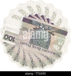 Polish zlotys - bellissimo ornamento geometrico, texture, pattern da valuta polacca, 100 PLN bollette (banconote valore facciale PLN 100) - fiore dal denaro Foto Stock