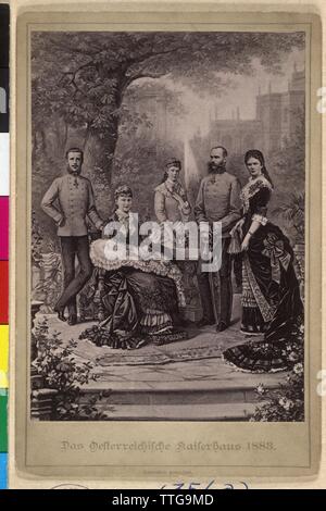 Franz Joseph I, imperatore d'Austria con famiglia, famiglia immagine: Franz Joseph in crociata uniforme di un Imperiale e Reale maresciallo di campo in tedesco di regolazione e Elisabeth, in piedi l'arciduchessa Marie Valerie, principe ereditario Rudolf con Stephanie con Elisabeth Marie nel povero. composite fotografia. TITOLO: ' Das Oesterreichische Kaiserhaus 1883', Additional-Rights-Clearance-Info-Not-Available Foto Stock