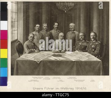 Franz Joseph I, imperatore d'Austria e imperatore Guglielmo II con il generale personale, Franz Joseph e Wilhelm II con il generale personale al tavolo di gioco. legenda con il titolo "Unsere Fuehrer im Weltkrieg 1914 / 16' e parlare di persone, Additional-Rights-Clearance-Info-Not-Available Foto Stock