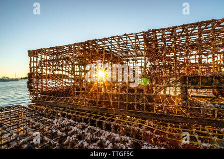 Starburst Sunrise dietro le trappole di aragosta sul dock in Bar Harbor, Maine Foto Stock