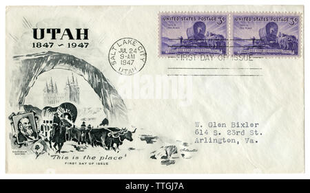 Salt Lake City, Utah, Stati Uniti d'America - 24 Luglio 1947: noi busta storico: il coperchio con il cachet pionieri Mormone, Brigham Young, questo è il posto giusto, centennial Foto Stock