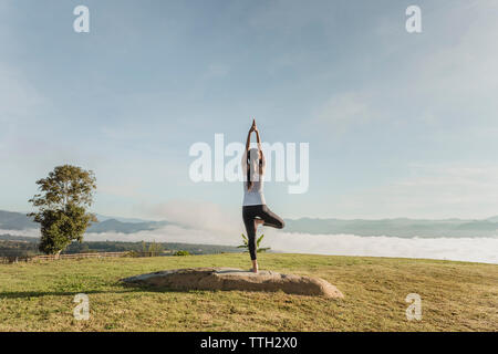 Vista posteriore della donna fare yoga sul campo erboso contro sky Foto Stock