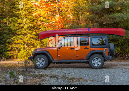 Jeep su una strada boschi nel Maine settentrionale di foresta. Caduta. Foto Stock