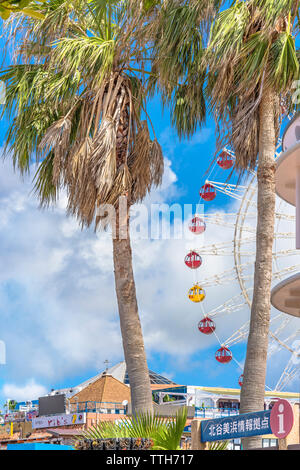 Il carnevale di Mihama Park ruota panoramica Ferris situato nel villaggio americano quartiere della Citta' di Naha decorata con palme vicino a Sunset Beach in Okinawa. Foto Stock