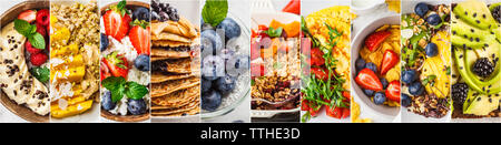 Collage di variate colazioni salutari. Muesli, frittelle, uova strapazzate, budino di Chia, fiocchi d'avena, frutta, formaggio. Foto Stock