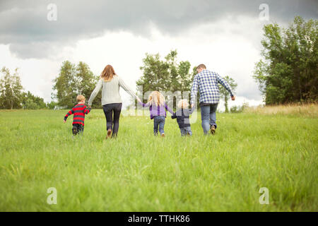 Vista posteriore della famiglia godendo sul campo erboso Foto Stock