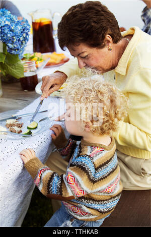 Angolo di Alta Vista della nonna nipote di alimentazione su un tavolo da pic-nic Foto Stock