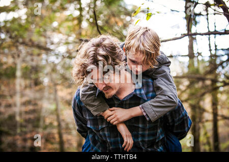 Padre dando piggyback ride al figlio nella foresta Foto Stock