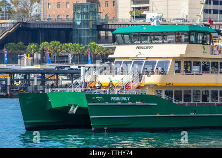 Il traghetto di Sydney chiamato MV Pemulwuy dopo che un uomo aborigeno parte da Sydney Circular Quay, Sydney, Australia Foto Stock