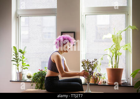 Vista laterale della donna mantenendo la pianta in vaso a casa Foto Stock