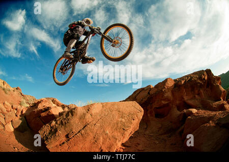 Basso angolo vista di mountain biker eseguendo acrobazie mentre escursioni in bicicletta Foto Stock