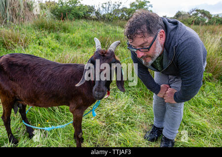 Uomo con pet capra, County Kerry, Irlanda Foto Stock
