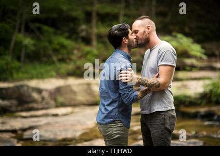 Coppia omosessuale kissing in foresta Foto Stock
