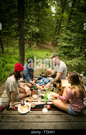 Angolo di alta vista di amici a mangiare cibo durante la seduta Veranda in foresta Foto Stock