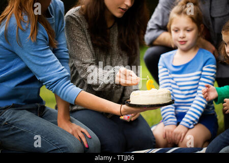 Famiglia festeggia il compleanno in Prato Foto Stock