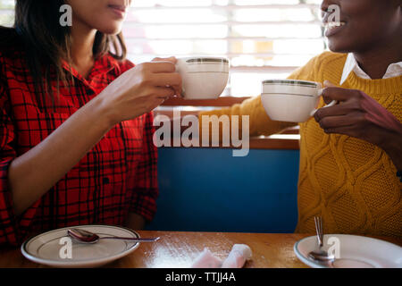 Midsections di amici bevendo un cappuccino mentre è seduto in cafe Foto Stock