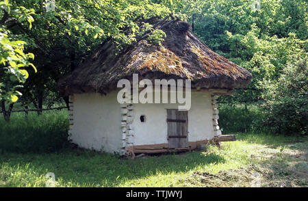 Struttura addizionale con tetto di paglia in cantiere, il Museo di Architettura e vita di Naddnepryanschiny centrale , Pereyaslav-Khmelnytsky, Ucraina Foto Stock