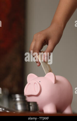 Persona indiano mano mettere soldi in un salvadanaio Foto stock - Alamy